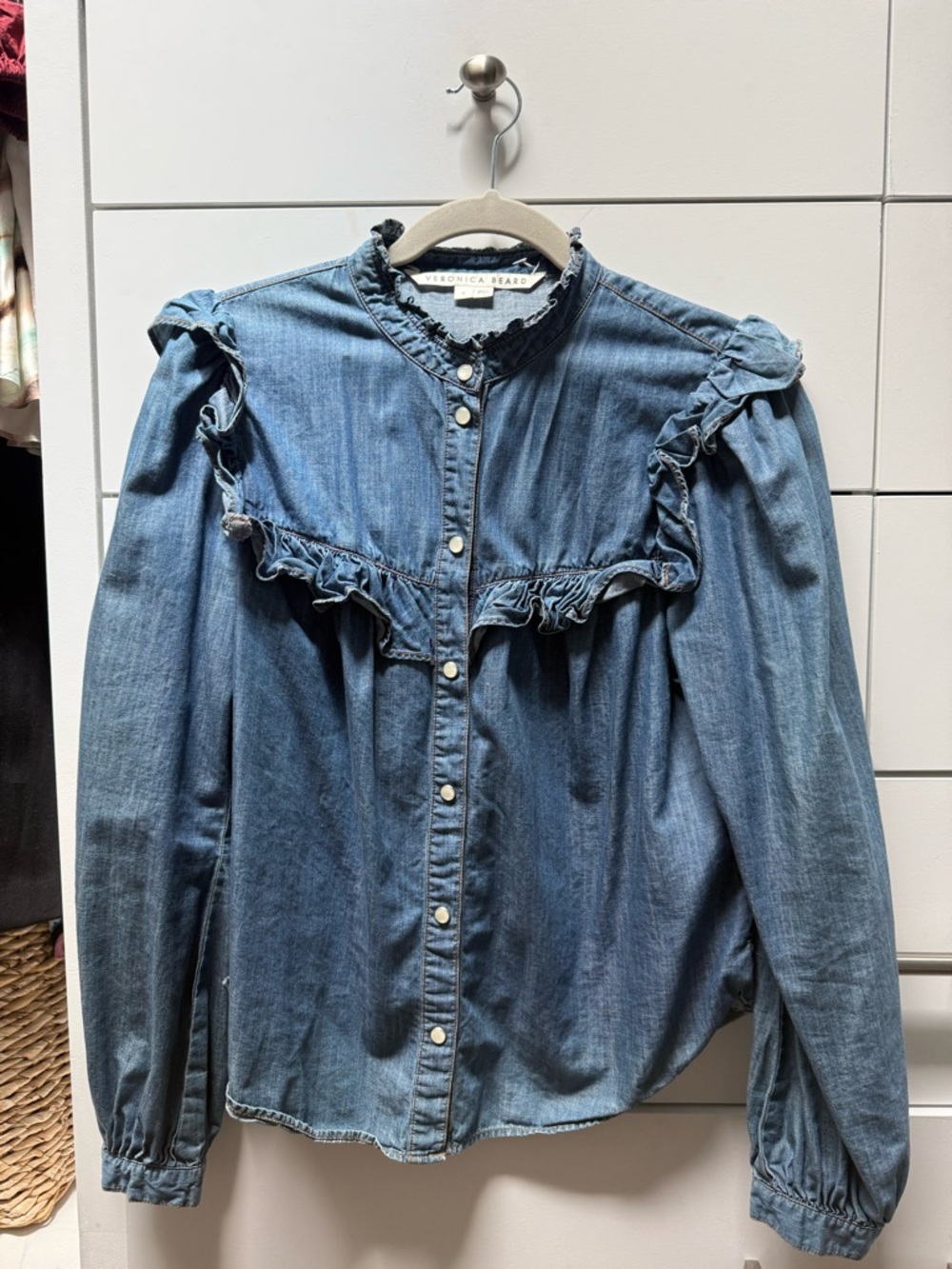 Veronica Beard Tes Ruffle Chambray Button-Up Shirt | Size 6 | Medium Indigo